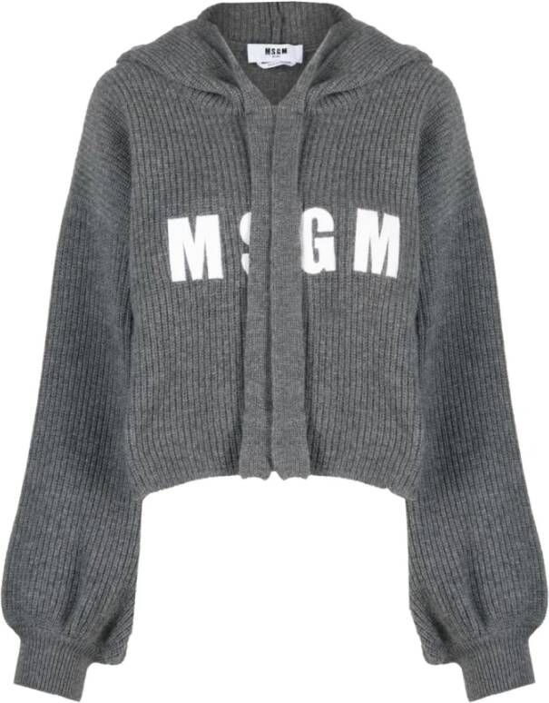 Msgm Grijze Ribgebreide Trui met Geborduurd Logo Grijs Dames