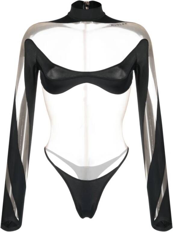 Mugler Zilveren Illusie Vormende Bodysuit Black Dames