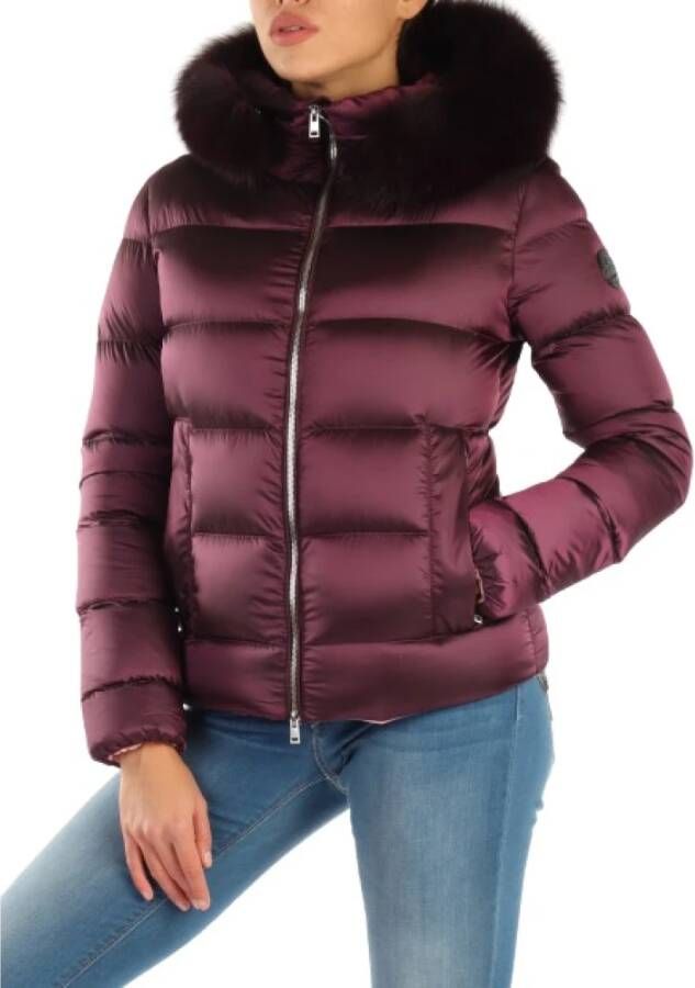 Museum Gewatteerde nylon jas met afneembare bontcapuchon Purple Dames