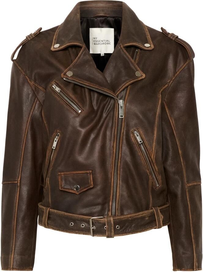 My Essential Wardrobe Bruin Retro Wash Leren Bikerjas Brown Dames