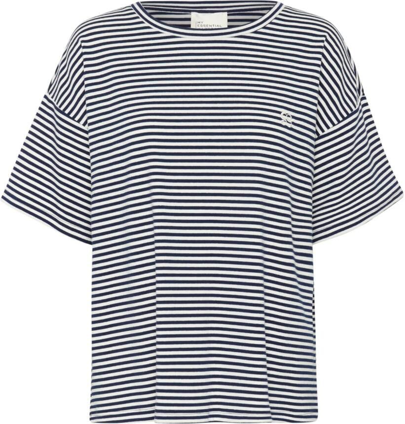 My Essential Wardrobe Gestreepte Geborduurde Tee Top Marine Blue Dames