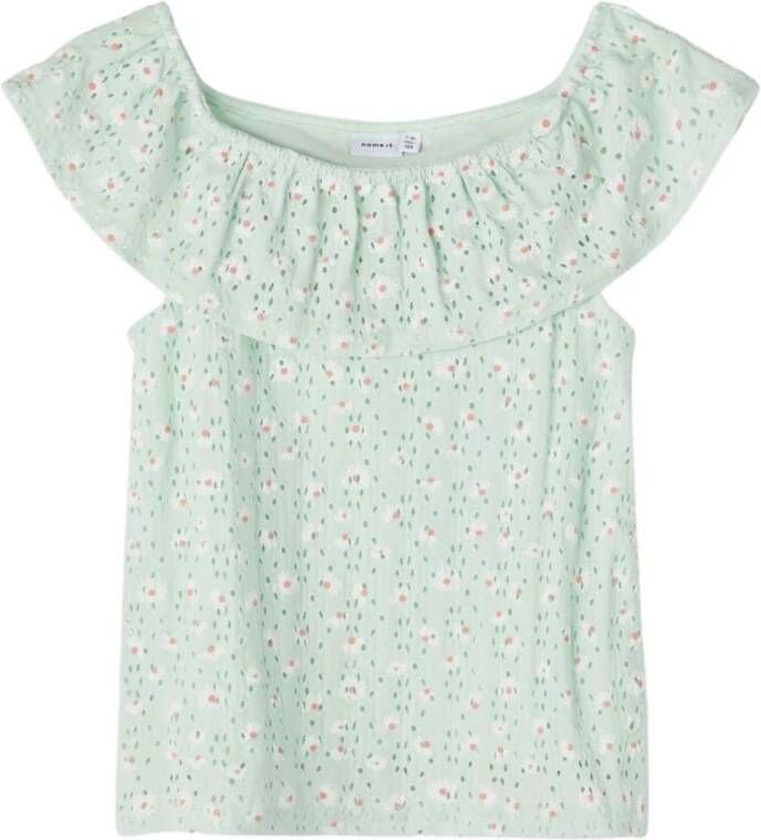 Name it top met all over print met broderie lichtgroen Meisjes Polyester Boothals 116