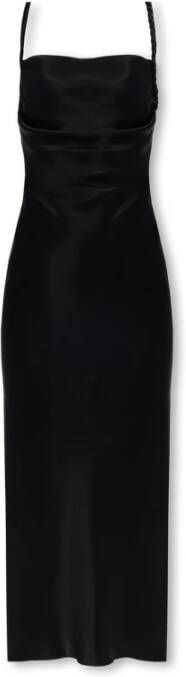 Nanushka Zwarte Satijnen Midi Jurk met Vierkante Hals en Zijsplit Black Dames