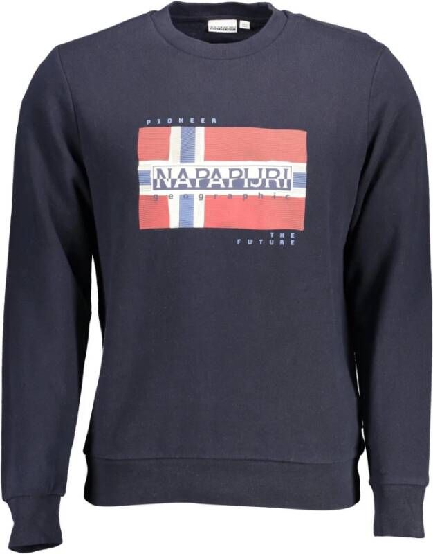 Napapijri Blauwe Katoenen Trui Lange Mouwen Ronde Hals Print Logo Blue Heren