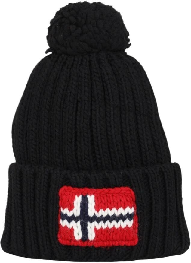 Napapijri Stijlvolle Zwarte Wol Pompon Muts Borduurwerk Black Heren