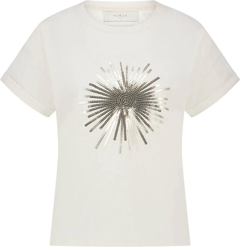 NUKUS T-shirt Albufeira met printopdruk en glitters crème goud