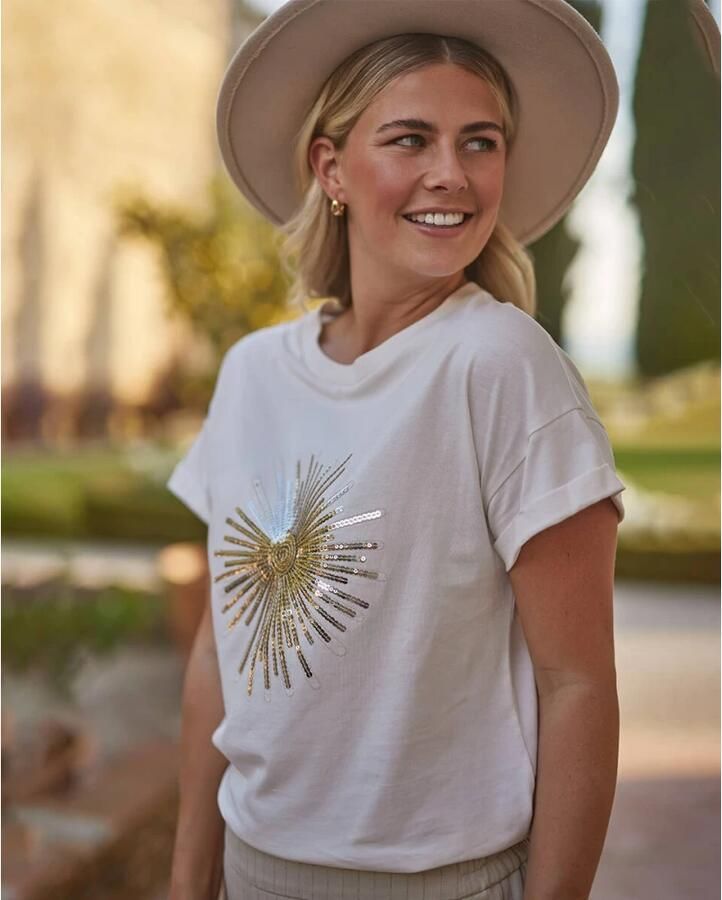 NUKUS T-shirt Albufeira met printopdruk en glitters crème goud - Foto 2