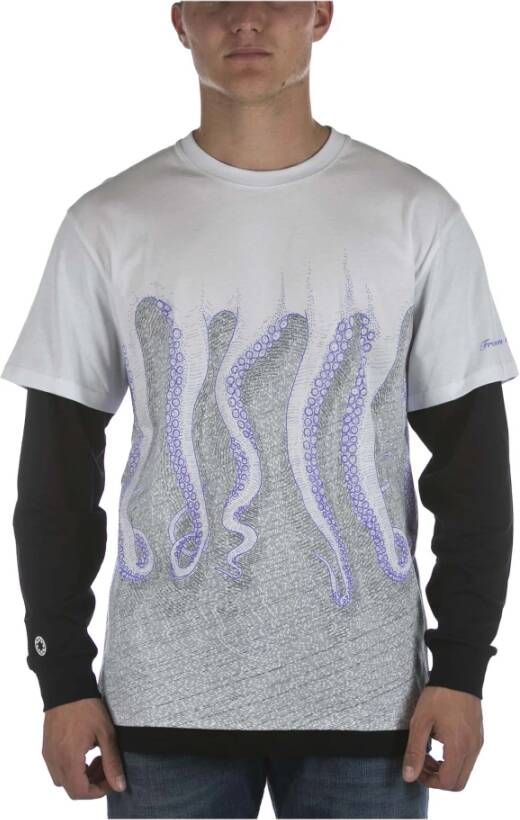 Octopus Wit langemouw ronde hals T-shirt White Heren