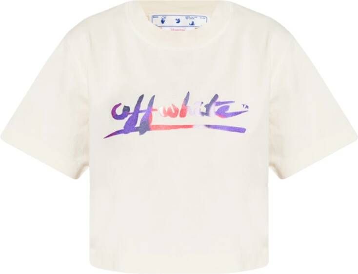 Off White Bijgesneden t-shirt met logo Beige Dames