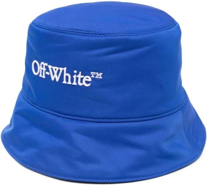 Off White Blauwe Omkeerbare Bucket Hoed met Geborduurd Logo Blue Heren