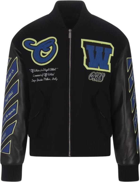 Off White Zwarte leren bomberjack met applicaties en grafische opdruk Black Heren