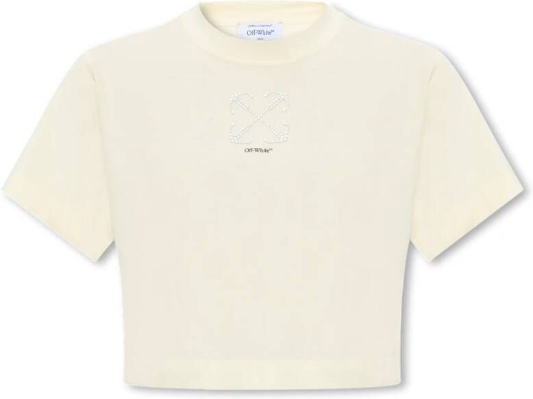Off White Cropped T-Shirt met pijl motief Arrow Pearls T-Shirt Beige Zwart Arrow Pearls Cropped T-Shirt Beige Dames