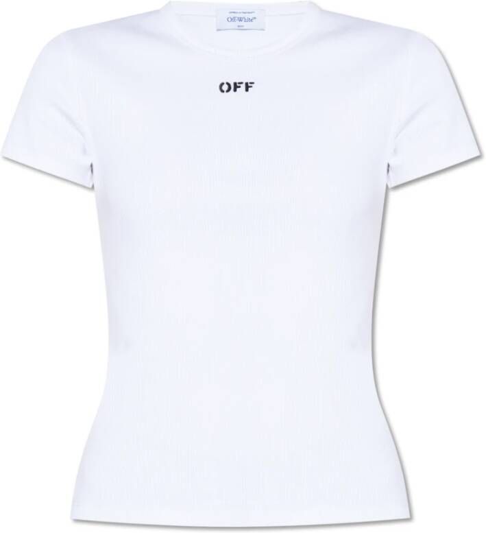 Off White Geribbeld Katoenen T-Shirt met Logo Print White Dames