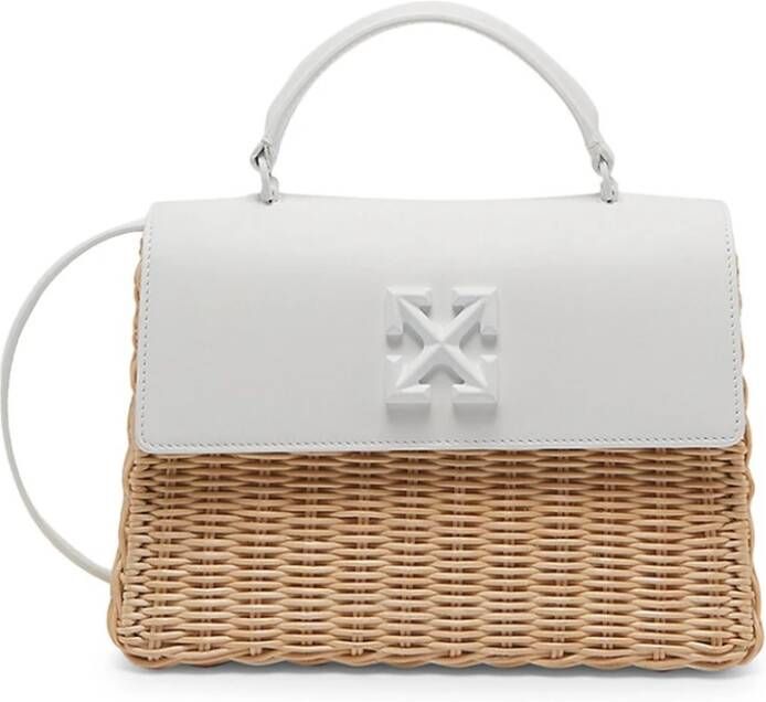 Off White Jitney Off-White Tote Bag in Straw and Leather White Dames