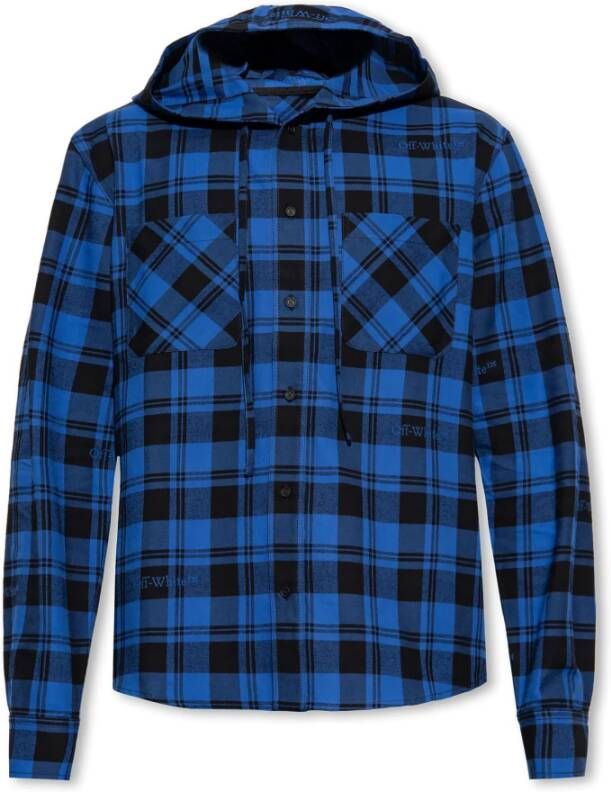 Off White Check Flannel Hooded Blauw Blue Heren