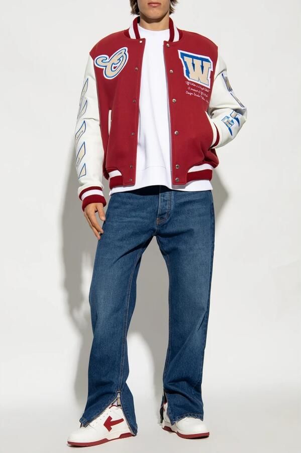 Off White Rode Ribgebreide Bomberjas met Leren Mouwen Red Heren - Foto 3
