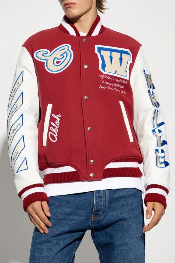 Off White Rode Ribgebreide Bomberjas met Leren Mouwen Red Heren - Foto 4