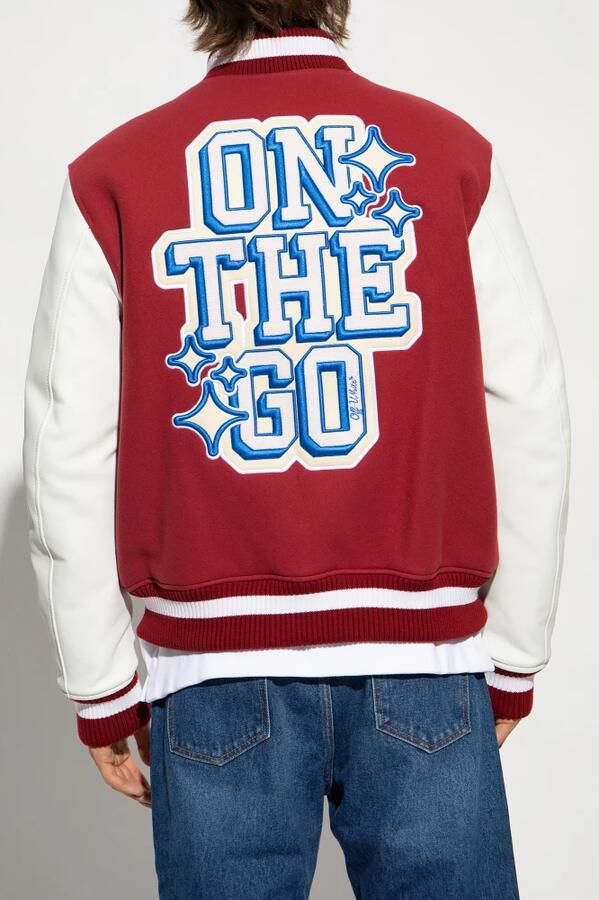 Off White Rode Ribgebreide Bomberjas met Leren Mouwen Red Heren - Foto 5