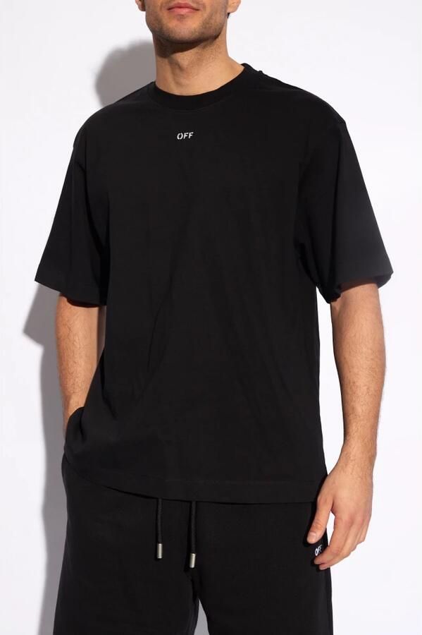 Off White Zwart Geribbelde Crewneck T-shirt met Wit OFF Logo Black Heren - Foto 5