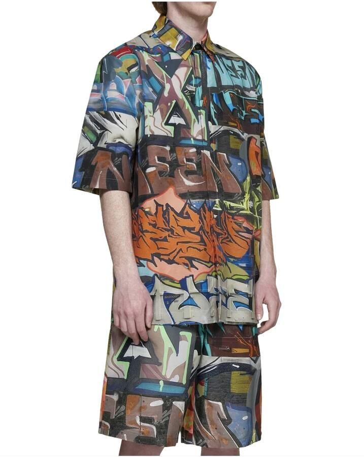 Off White Graffiti Print Korte Mouw Overhemd Multicolor Heren