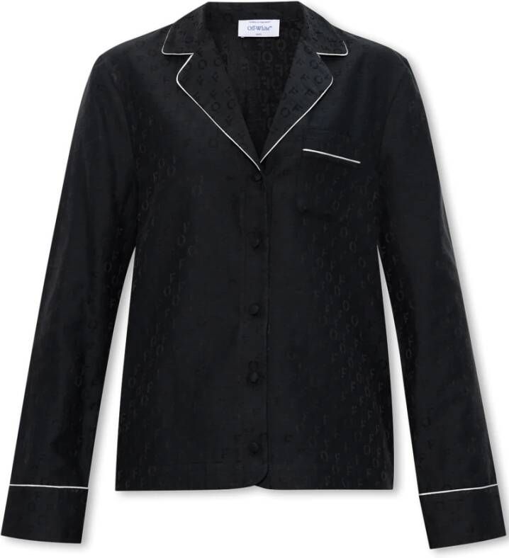 Off White Zwarte zijde blend shirt met all-over toon-op-toon jacquard logo Black Dames