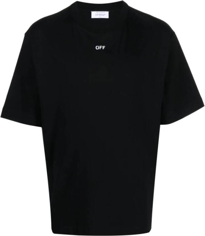 Off White Zwart Geribbelde Crewneck T-shirt met Wit OFF Logo Black Heren