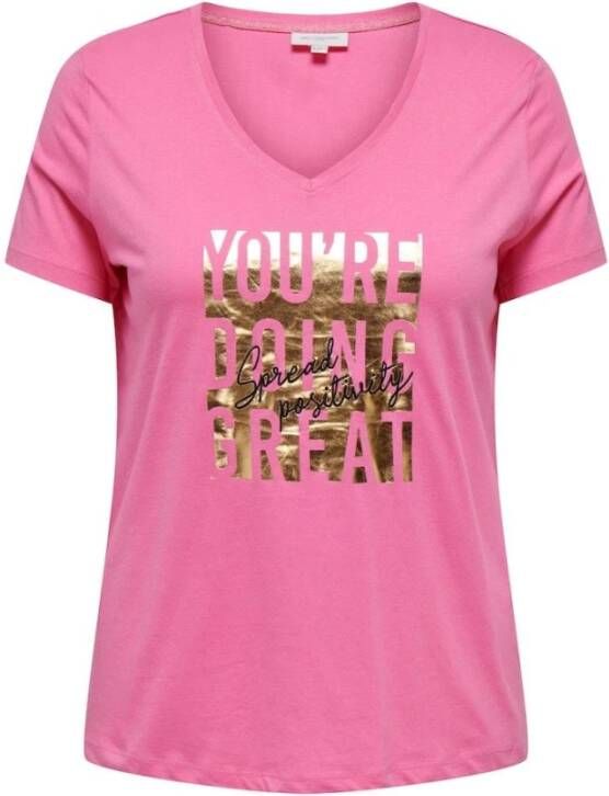 Only Carmakoma Azalea Pink V-Hals T-shirt met Front Print Roze Dames