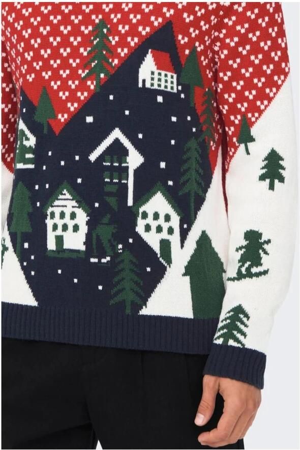 ONLY & SONS kersttrui ONSXMAS met all over print pompeian red - Foto 4