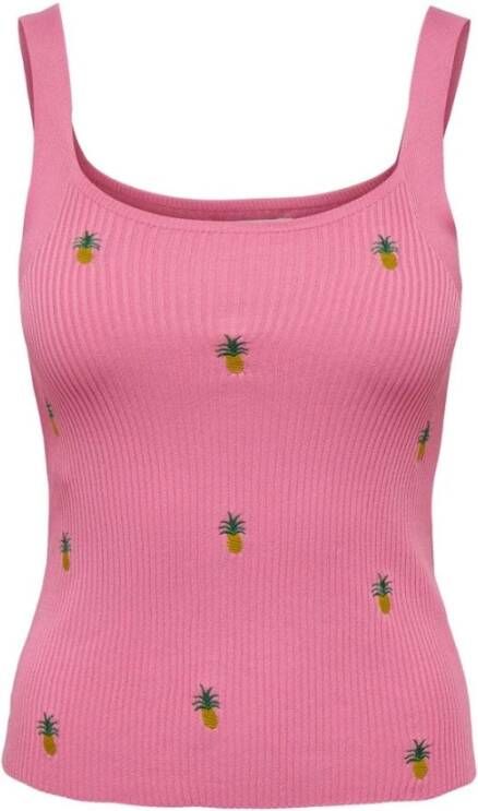 ONLY ribgebreide top ONLLULA met fruitprint en borduursels roze