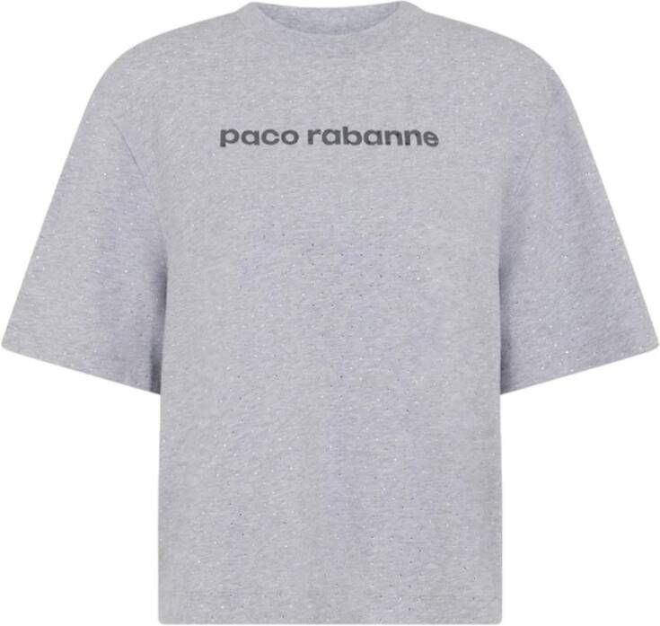 Paco Rabanne Fonkelende Rhinestone Logo Print T-Shirt Grijs Dames