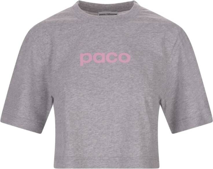 Paco Rabanne Grijze Crop T-shirt met Roze Logo Grijs Dames