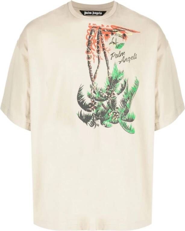 Palm Angels Beige T-shirt met Palmboomprint en Ronde Hals voor Heren Beige Heren