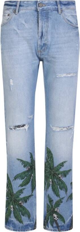 Palm Angels Blauwe Jeans met Palmboom en Schedel Print Blauw Heren