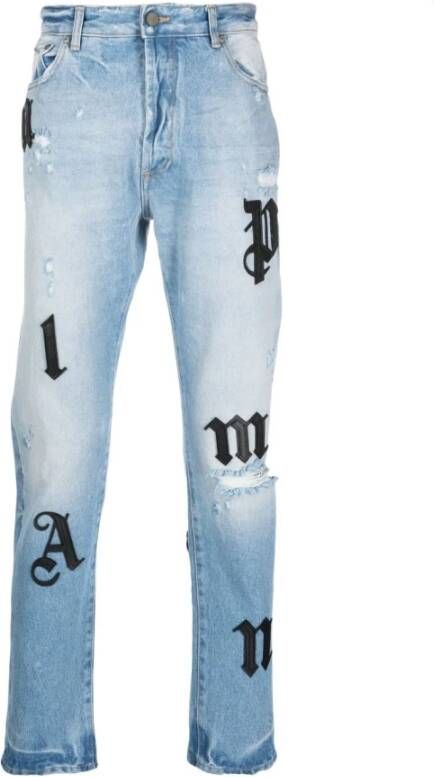 Palm Angels Blauwe Slim-Fit Jeans met Edgy Logo Patch Blauw Heren