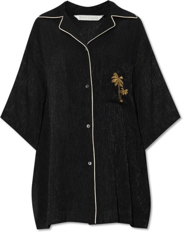 Palm Angels Zwarte pyjama-stijl bowling shirt met gouden palmboom Black Dames