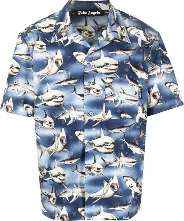 Palm Angels Haai Bowling Shirt Blauw Heren