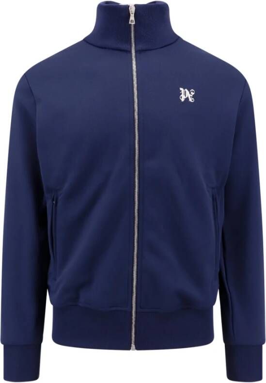 Palm Angels Jersey Zip-through Sweatshirt met Geborduurd Monogram en Laterale Banden Blauw Heren