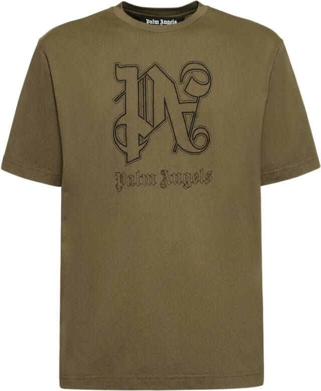 Palm Angels Katoenen T-Shirt met Geborduurd Monogram Bruin Heren