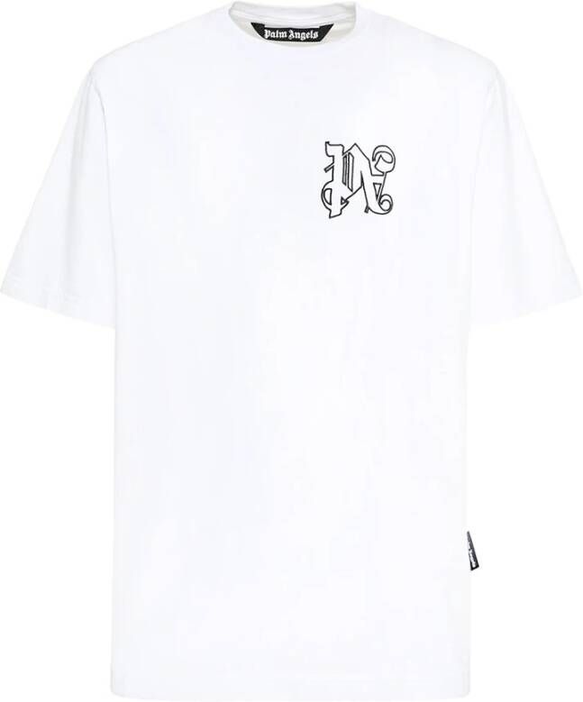 Palm Angels Klassiek Katoenen T-Shirt met Geborduurd Monogram Wit Heren