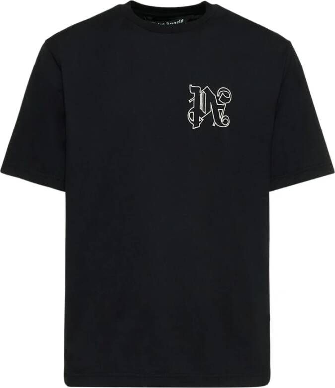 Palm Angels Klassiek Katoenen T-Shirt met Geborduurd Monogram Zwart Heren