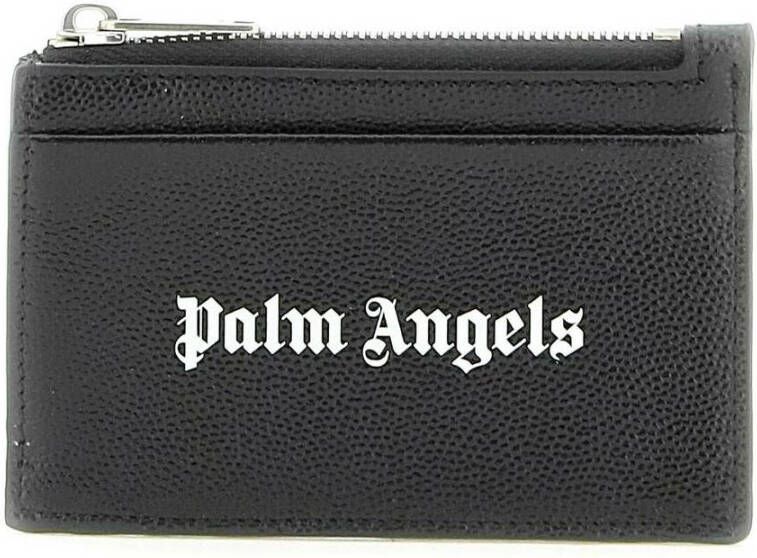 Palm Angels Zwarte Leren Portemonnee met Logo Print en Ritssluiting Black Heren