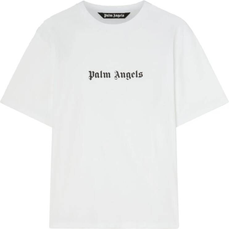 Palm Angels Logo-Print Crew-Neck T-Shirt in Wit Zwart Wit Heren