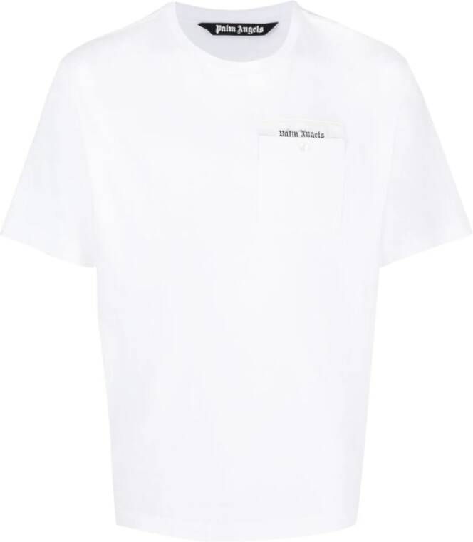 Palm Angels Logo-Tape Katoenen T-Shirt Wit White Heren
