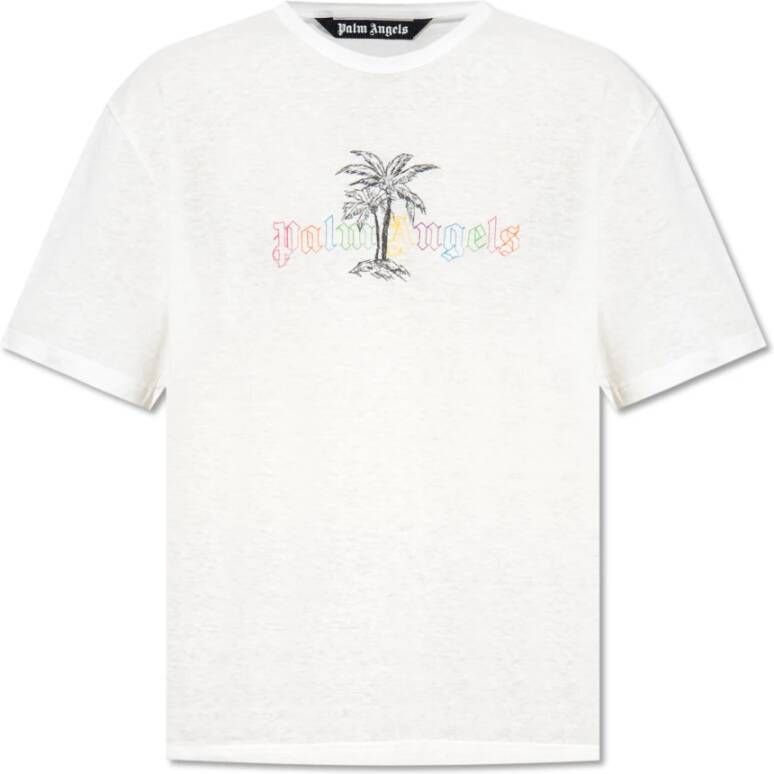 Palm Angels Logo-Print Ronde Hals T-Shirt in Wit White Heren