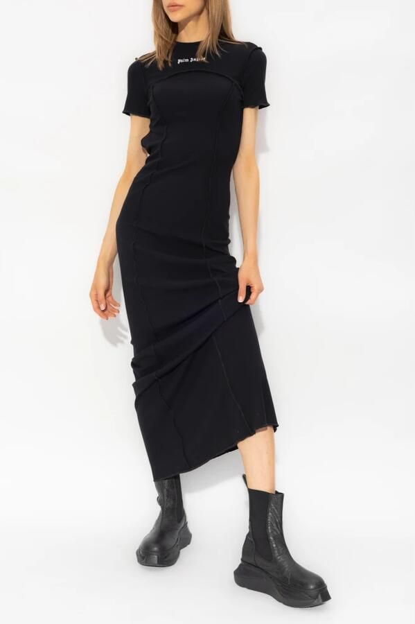 Palm Angels Geribbelde Open Rug Jurk Korte Mouw Logo Black Dames - Foto 3