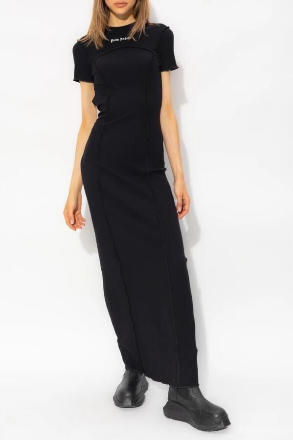 Palm Angels Geribbelde Open Rug Jurk Korte Mouw Logo Black Dames - Foto 4