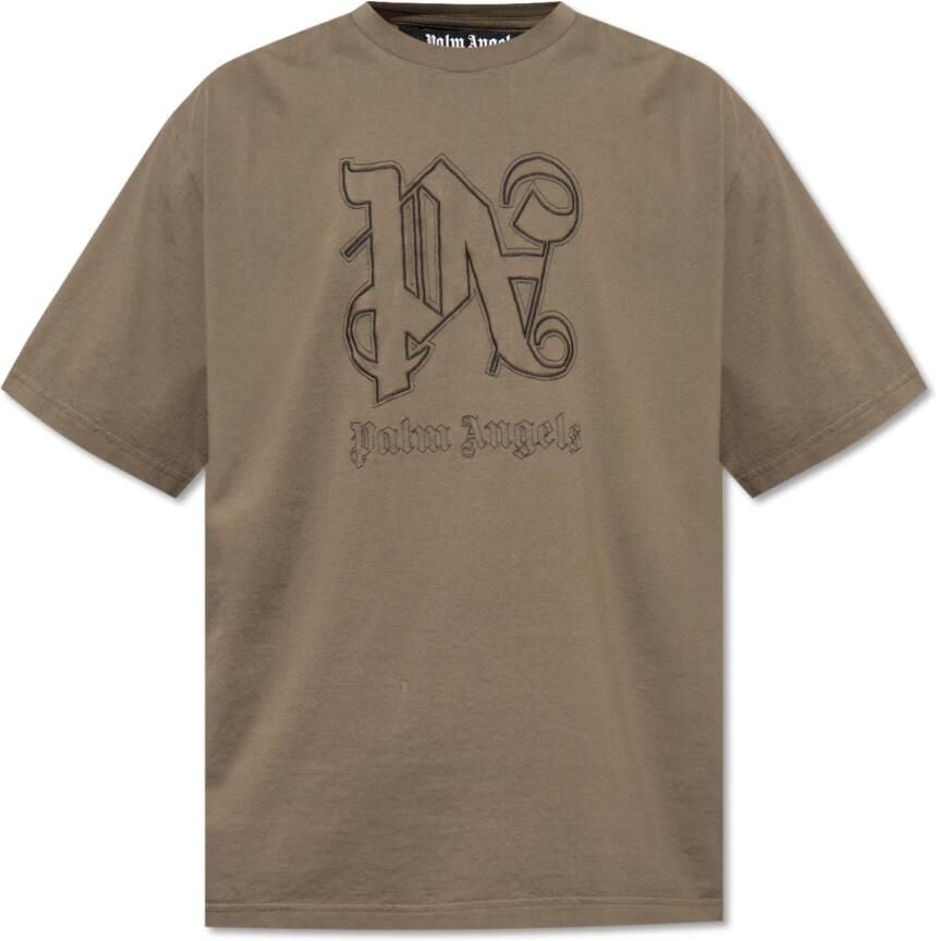 Palm Angels Katoenen T-shirts en Polos met Logo Borduursel Brown Heren