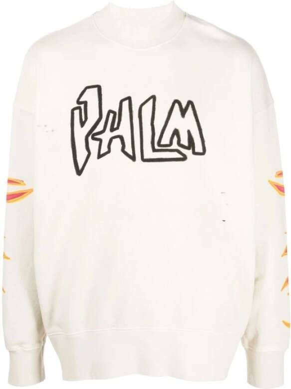 Palm Angels Witte Logo Sweatshirt met Graffiti Vlammen White Heren