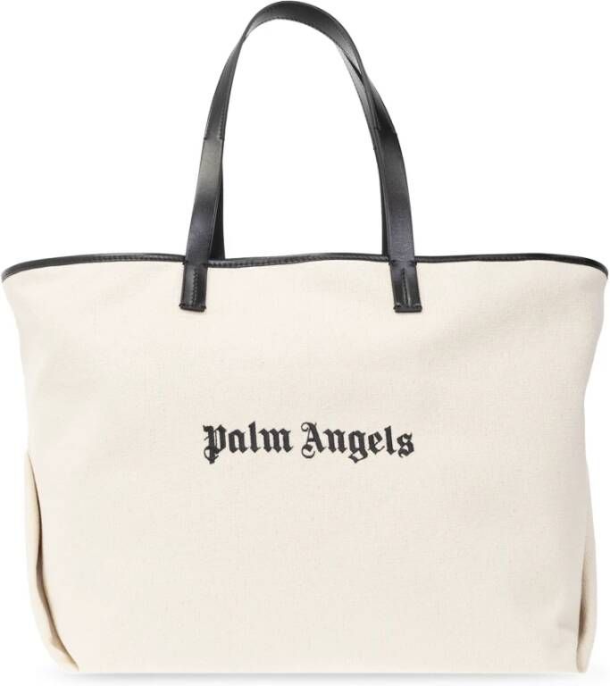 Palm Angels Canvas Tote Bag met Leren Afwerking en Geborduurd Logo White Dames