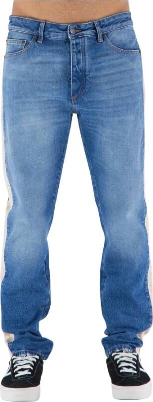 Palm Angels Slim Fit Blauwe Jeans met Vintage Effect en Crème Beige Zijstrepen Blauw Heren